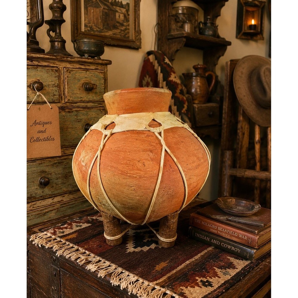Vintage Mexican Terracotta Tripod Pot Rawhide Wrap Wooden Legs Rustic Folk Art - Picture 1 of 12